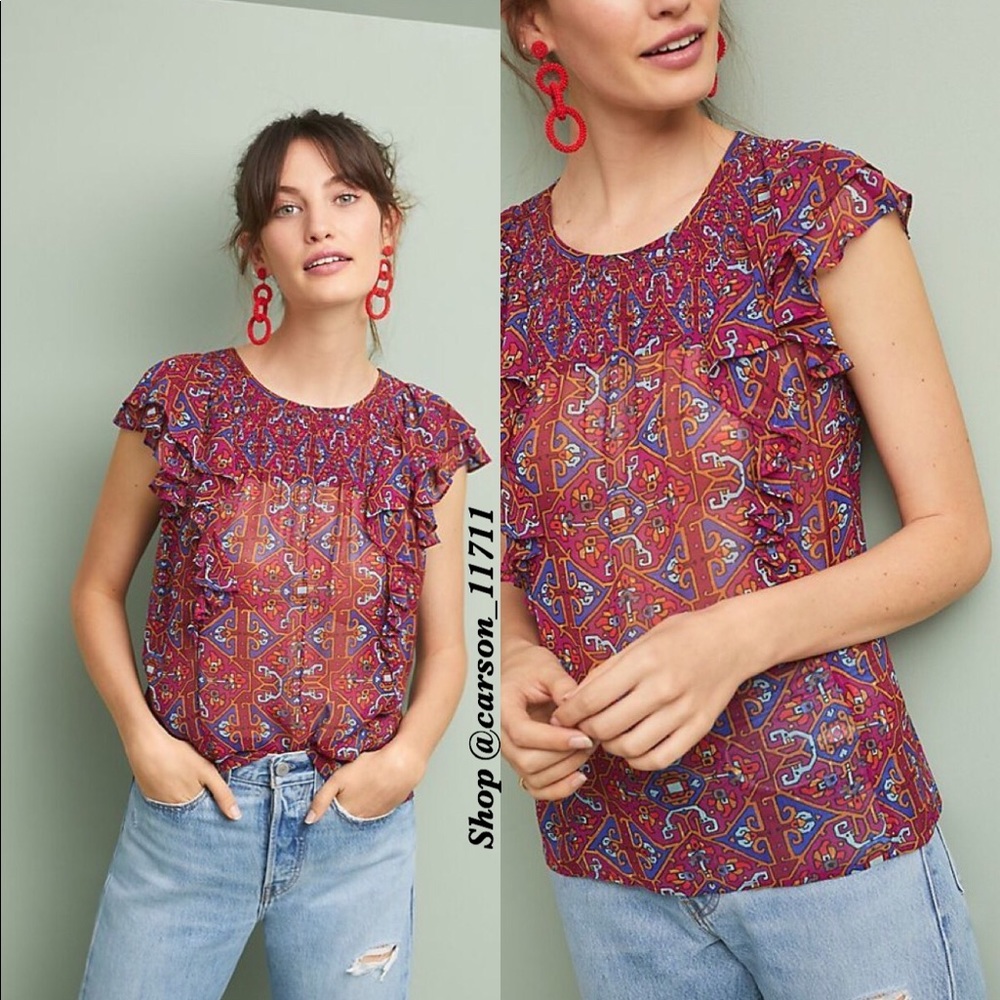 Anthropologie Red Paisley Ruffle-Sleeve Blouse
